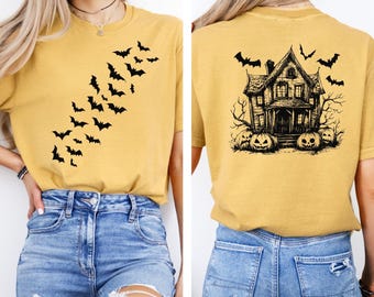Comfort Colors© Haunted House Halloween Shirt, Bat Ghost Pumpkin Tee, Spooky Season Fall Aesthetic Top