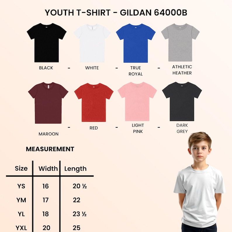 K&ouml;nnte beinhalten: Eine Auswahl an Jugend-T-Shirts in verschiedenen Farben: Schwarz, Wei&szlig;, K&ouml;nigsblau, Athletic Heather, Bordeauxrot, Rot, Hellrosa und Dunkelgrau. Die Gr&ouml;&szlig;entabelle zeigt die Ma&szlig;e in cm.
