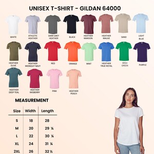 K&ouml;nnte beinhalten: Eine Auswahl an Gildan 64000 Unisex-T-Shirts in verschiedenen Farben, darunter Wei&szlig;, Schwarz, Rot und Blau. Das Bild zeigt auch eine Gr&ouml;&szlig;entabelle mit Ma&szlig;en in cm und eine Frau, die ein wei&szlig;es T-Shirt tr&auml;gt.