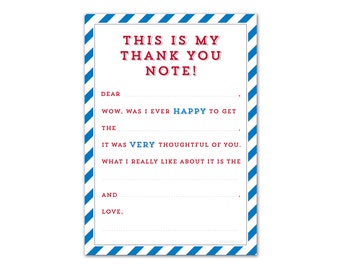 Air Mail Themed Thank You Notes for Kids...Fill in the Blank...Instant Digital Download