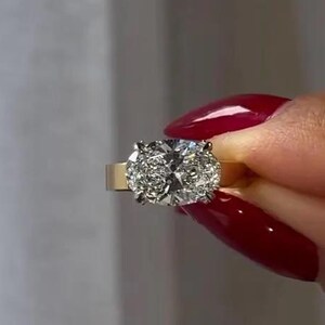 Oval Cut Moissanite Engagement Ring, Two Tone Gold Oval East West Engagement Ring, Vintage Hidden Pave Basket Setting Thick Cigar Band Ring