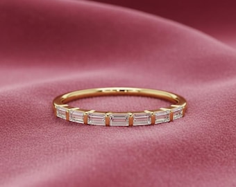 Baguette Diamond Half Eternity Ring, 14K Solid Gold Wedding Band, Stackable Minimalist Ring, Anniversary Gift, Elegant Slim Band