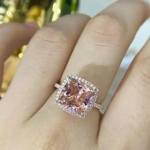 Cushion Cut Peach Pink Moissanite Engagement Ring: Sterling Silver Six Prong Bridal Ring