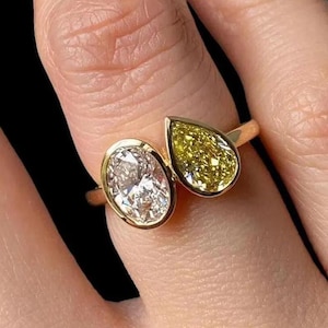 Canary Yellow Pear & Oval Moissanite Toi et Moi Ring - Sterling Silver