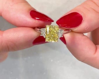 2Ct Radiant Cut Lab Grown Diamond Engagement Ring: Fancy Yellow Gold Three Stone,IGI Certified