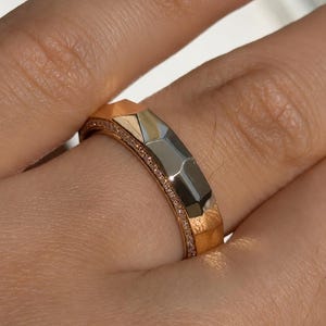 Cigar Diamond Wedding Band, Faceted Gold Ring, Pavé Diamond Band, Modern Stackable Ring, Anniversary Gift, Minimalist Jewelry image 4