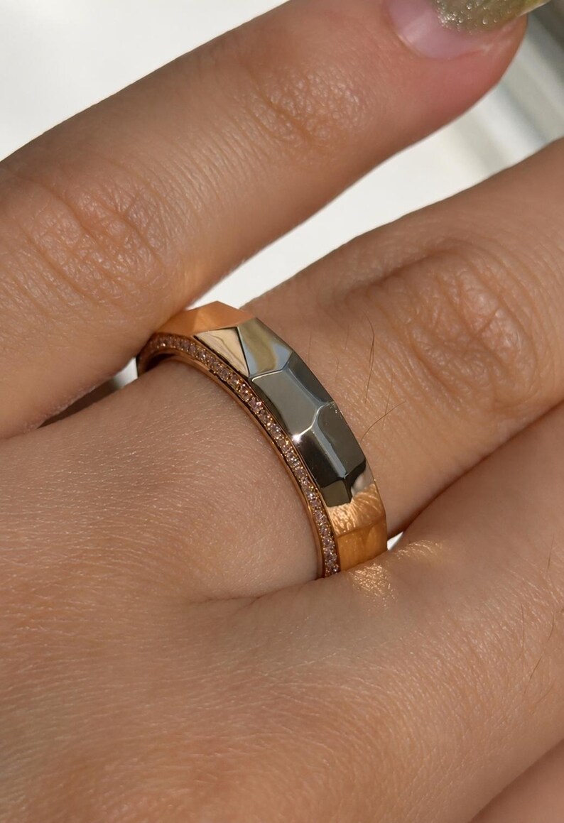 Cigar Diamond Wedding Band, Faceted Gold Ring, Pavé Diamond Band, Modern Stackable Ring, Anniversary Gift, Minimalist Jewelry image 4