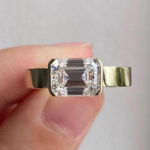 2.0 Ct Emerald Cut Moissanite Half Bezel Engagement Ring Solid Gold Chunky Band 3mm Square Band Emerald Cut Solitaire Ring Flat Band Ring