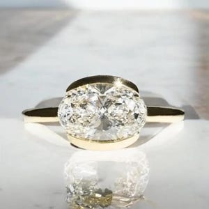 East West Oval Solitaire Engagement Ring, Half Bezel Oval Moissanite Diamond Ring, 14Kt Solid gold Ring, Bridal Wedding ring gift for her.