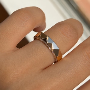 Cigar Diamond Wedding Band, Faceted Gold Ring, Pavé Diamond Band, Modern Stackable Ring, Anniversary Gift, Minimalist Jewelry image 1