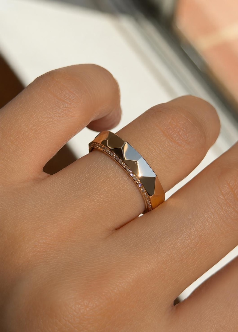 Cigar Diamond Wedding Band, Faceted Gold Ring, Pavé Diamond Band, Modern Stackable Ring, Anniversary Gift, Minimalist Jewelry image 1