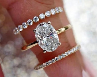 Conjunto de anillo de compromiso de moissanita de talla ovalada, conjunto de anillos de boda de 3 piezas, anillo solitario ovalado con alianzas apilables a juego.
