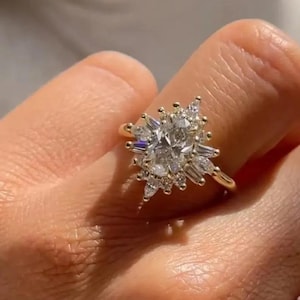 Starburst Moissanite Engagement Ring: 14K Yellow Gold Halo, 2CT Oval
