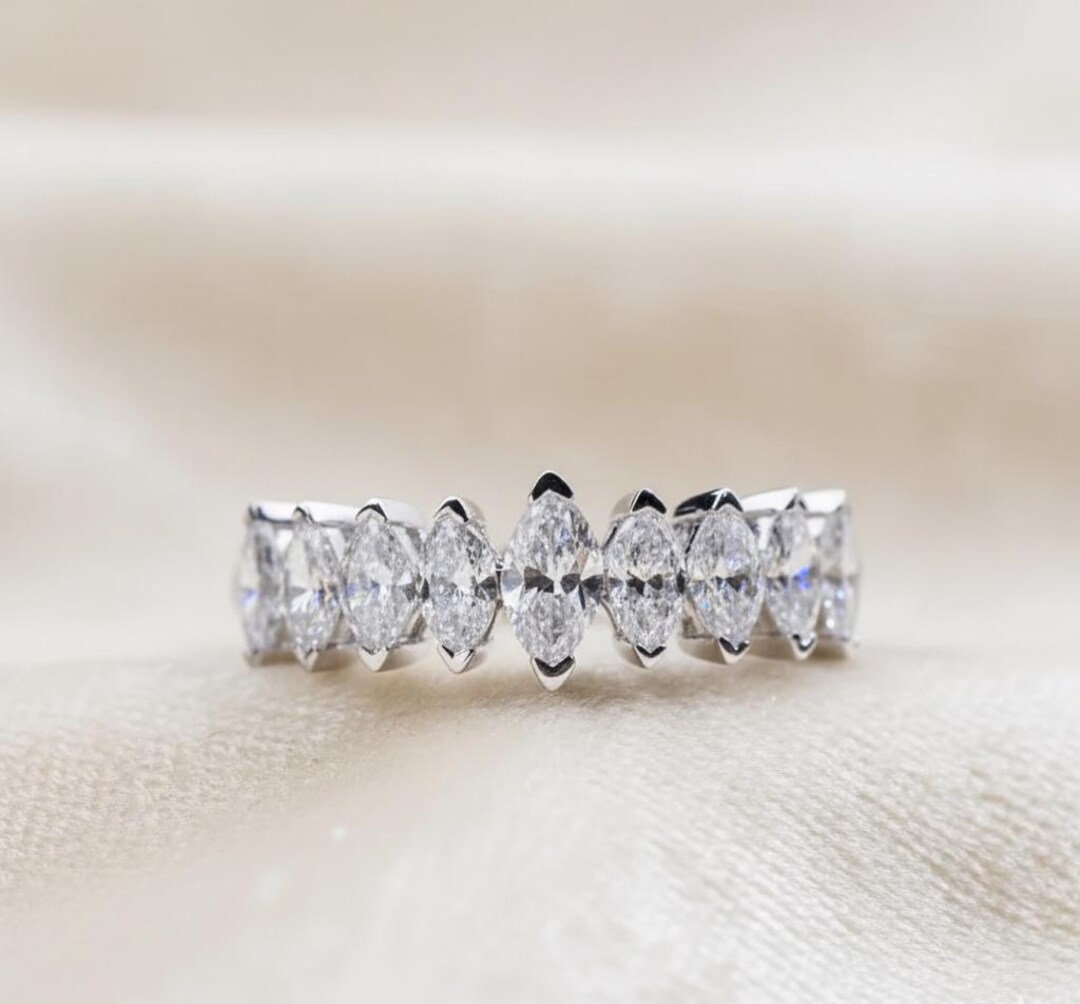 Marquise Moissanite Half Eternity Band, 14K White Gold Wedding Ring - Etsy
