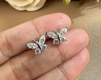 Butterfly stud earrings in 14KT White Gold, Tiny Moissanite butterfly earrings, Dainty earrings, Minimalist earrings, Tiny gold stud earring