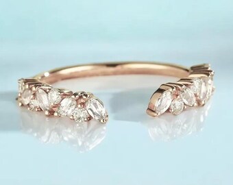 Marquise & Round Moissanite Open Ring, Curved Wedding Band, Leaf Style Moissanite Ring, Minimalist Bridal Band, Stackable Ring