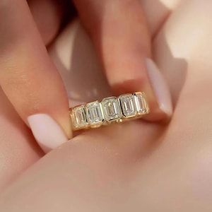Emerald Cut Moissanite Eternity Band: 14k Gold Bezel Set Wedding Ring