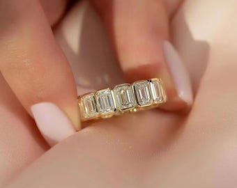 Emerald Cut Moissanite Eternity Band: 14k Gold Bezel Set Wedding Ring
