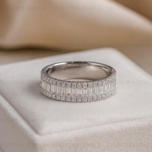 Half Eternity Moissanite Diamond Baguette And Round Eternity Wedding Band Engagement Matching Band Perfect Anniversary Gift For Her