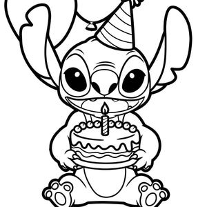 May include: Black and white line art illustration of a cartoon character holding a birthday cake with a lit candle. The character wears a party hat and is surrounded by balloons. Text at the bottom reads "Happy Birthday, David!"
