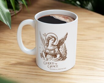 Taza de cerámica con el ángel bendito y protegido guiado por la gracia, taza del ángel guardián, taza de café celestial