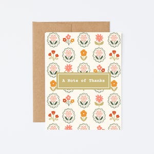 A Note of Thanks Card - Fall Floral Pattern - Autumn Thank You Greeting Card with Kraft Envelope - Fall Thanksgiving Card Set - Stationery