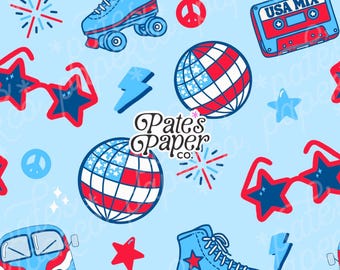 Modèle sans couture du 4 juillet - Papier numérique bleu rétro américain - Fond imprimable groovy