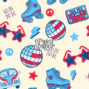 Red, White & Groove Seamless Pattern – Cream Background | Retro 4th of July Digital Download
