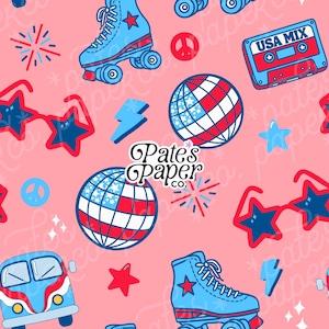4th of July Seamless Pattern – Pink Retro USA Digital Paper – Groovy Printable Background