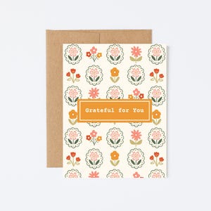 Thanksgiving Card Set - Grateful for You Card - Fall Flower Pattern - Autumn Greeting Card with Kraft Envelope - Fall Note Card - Stationery