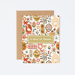 Autumn Thank You Cards - Fall A Note of Thanks Card - Rustic Autumn Floral Pattern - Kraft Envelope Included - Thanksgiving Card Set