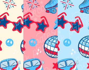 Lot de 3 motifs rouges, blancs et rainurés sans couture | Rétro 4 juillet téléchargement numérique