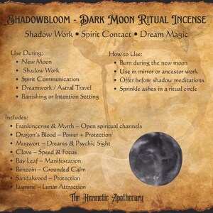 May include: A vintage-style advertisement for Shadowbloom Dark Moon Ritual Incense. The text details uses, including shadow work and dream magic, and ingredients like frankincense and myrrh. A dark gray illustration of the moon is featured.