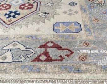Neutraal Oushak-vloerkleed | Handgeweven wollen vloerkleed | Handgeknoopt tapijt met geometrisch medaillon