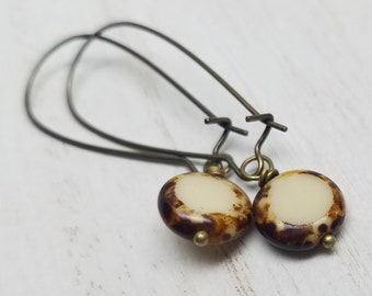 Cream & Brown Earrings, Boho Earrings, Glass Earrings, Circle Earrings, Brass Dangle Earrings, Mother's Day Gift, Birthday Gift Gift for Her