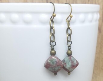 Ruby Zoisite Earrings with Antique Brass Hooks, Green and Pink Stone Diamond Shape and Chain Dangle Earrings, Nickel Free