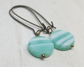 Teal & White Earrings, Boho Earrings, Glass Earrings, Circle Earrings, Brass Dangle Earrings, Mother's Day Gift, Birthday Gift, Gift for Her