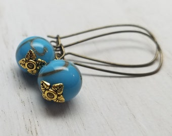 Blue & Gold Earrings, Boho Earrings, Glass Earrings, Sphere Earrings, Brass Dangle Earrings, Mother's Day Gift, Birthday Gift, Gift for Her