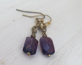 Purple Rectangle Earrings with Antique Gold Brass Hooks, Faceted Purple Glass and Chain Dangle Earrings, Nickel Free