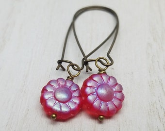 Red & Blue Iridescent Earrings, Boho Earrings, Glass Earrings, Flower Earrings, Brass Dangle Earrings, Mother's Day Gift, Birthday Gift