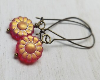 Red & Orange Iridescent Earrings, Boho Earrings, Glass Earrings, Flower Earrings, Brass Dangle Earrings, Mother's Day Gift, Birthday Gift