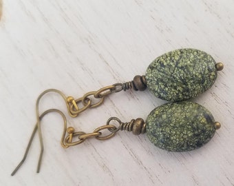 Green Snakeskin Jasper Stone Earrings with Antique Brass Hooks, Rustic Green Stone and Chain Dangle Earrings, Nickel Free