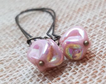 Pink Iridescent Earrings, Pink Boho Earrings, Rainbow Pink Swirl Earrings, Pinched Sphere Earrings, Mauve Dangle Earrings, Mother's Day Gift