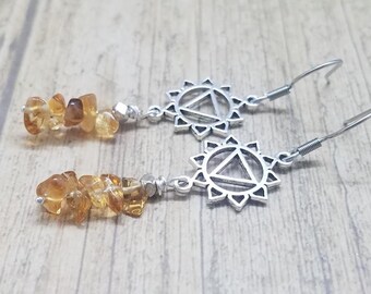 Yellow Citrine Earrings, Sun Earrings, Yellow Crystal Stack Earrings, Yoga Jewelry, Solar Plexus Chakra Meditation Jewelry, Stainless Steel