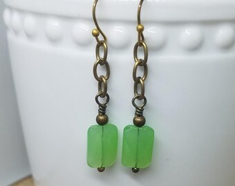 Mint Green Rectangle Earrings with Antique Gold Brass Hooks, Faceted Green Glass and Chain Dangle Earrings, Nickel Free