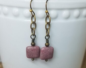 Square Rhodonite Earrings with Antique Brass Hooks, Small Pink Stone and Chain Dangle Earrings, Nickel Free