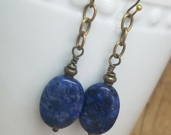 Dark Blue Jasper Stone Earrings with Antique Brass Hooks, Rustic Blue Stone and Chain Dangle Earrings, Nickel Free