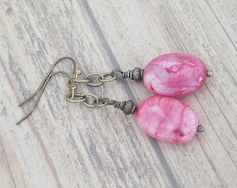 Pink Agate Earrings with Antique Brass Hooks, Rustic Pink Stone and Chain Dangle Earrings, Nickel Free