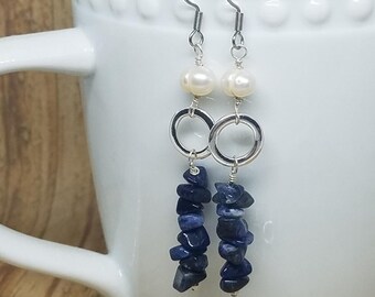 Handmade Sodalite and Pearl Earrings, Stainless Steel Hooks
