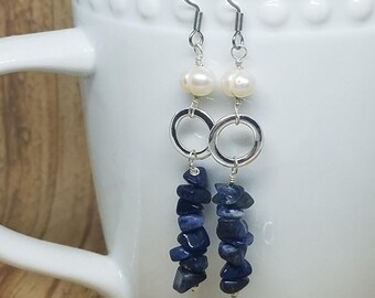 Blue Stone Earrings, Sodalite Earrings, Sodalite and Pearl Earrings, Stainless Steel Earrings, Royal Blue